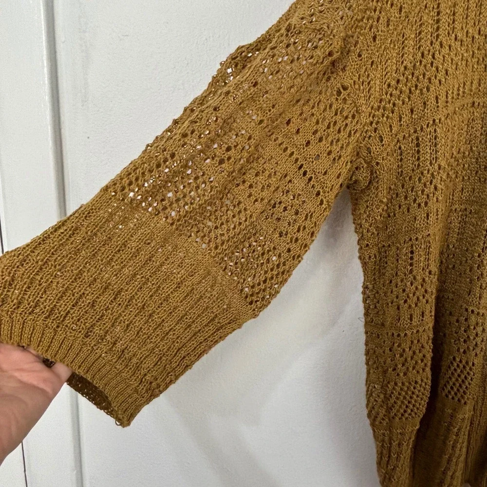 Mustard Yellow Open Knit Netted Crochet Cardigan Boho Coastal Kimono Cottage OS